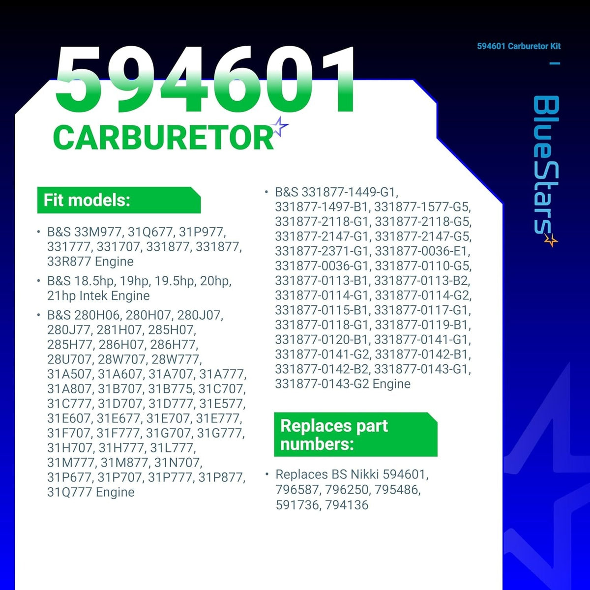 Informational graphic listing compatibility and part numbers for 594601 carburetor replacement for lawn mower engines.