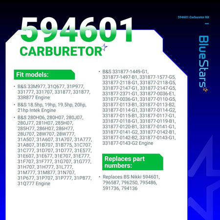 Informational graphic listing compatibility and part numbers for 594601 carburetor replacement for lawn mower engines.