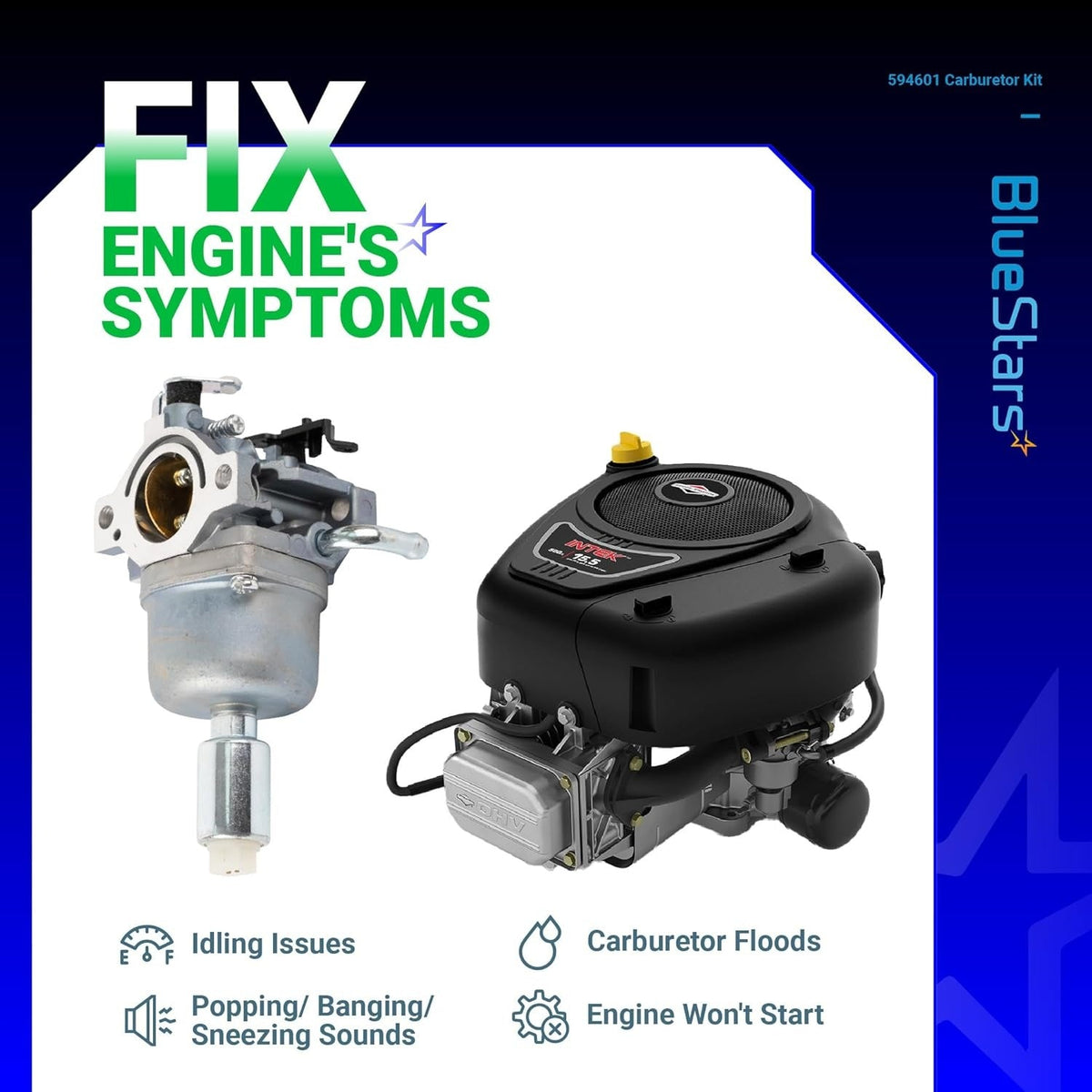 594601 carburetor replacement kit for Briggs & Stratton Intek lawn mower engines showing symptoms of engine failure.