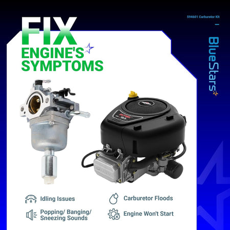 594601 carburetor replacement kit for Briggs & Stratton Intek lawn mower engines showing symptoms of engine failure.
