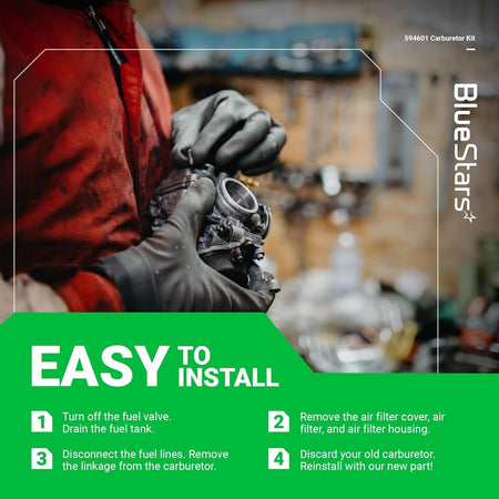 Mechanic holding a 594601 replacement carburetor with easy installation instructions for lawn mower engines.