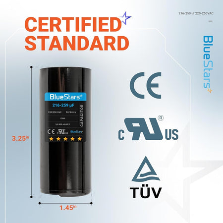 BlueStars 216-259 uF 220-250 VAC round motor start capacitor with dimensions labeled for AC motor and heat pump repair.