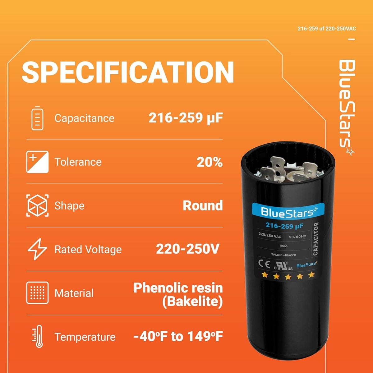 Specification chart for 216-259 uF 220-250 VAC round motor start capacitor with technical details and product image.