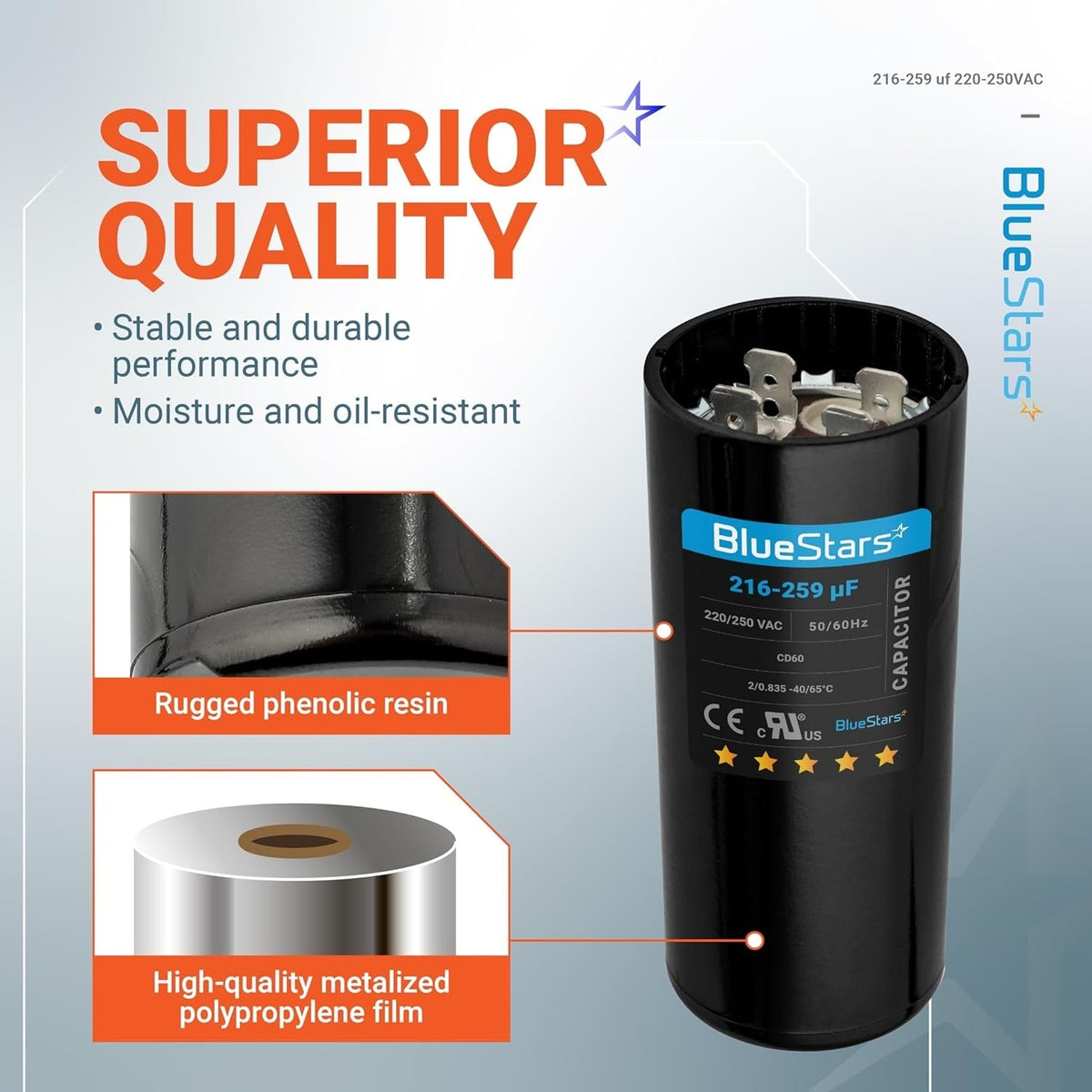 BlueStars 216-259 uF 220-250 VAC motor start capacitor with material construction details and technical specifications.
