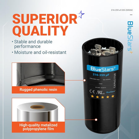 BlueStars 216-259 uF 220-250 VAC motor start capacitor with material construction details and technical specifications.