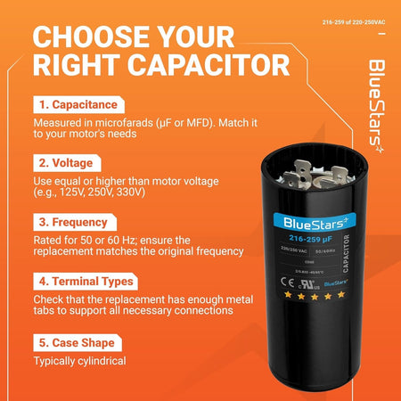 Infographic guide for selecting a 216-259 uF 220-250 VAC round motor start capacitor.