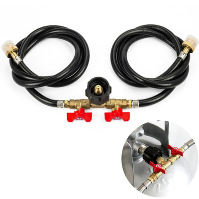 5ft 2-way propane hose adapter with dual shut-off valves and 20lb tank connection detail.