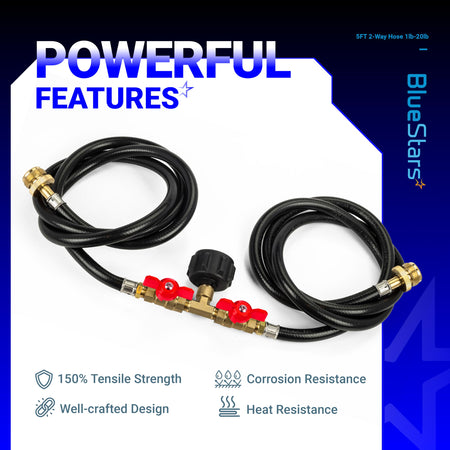 5ft 2-way propane hose adapter with dual shut-off valves for connecting 1lb to 20lb tanks.