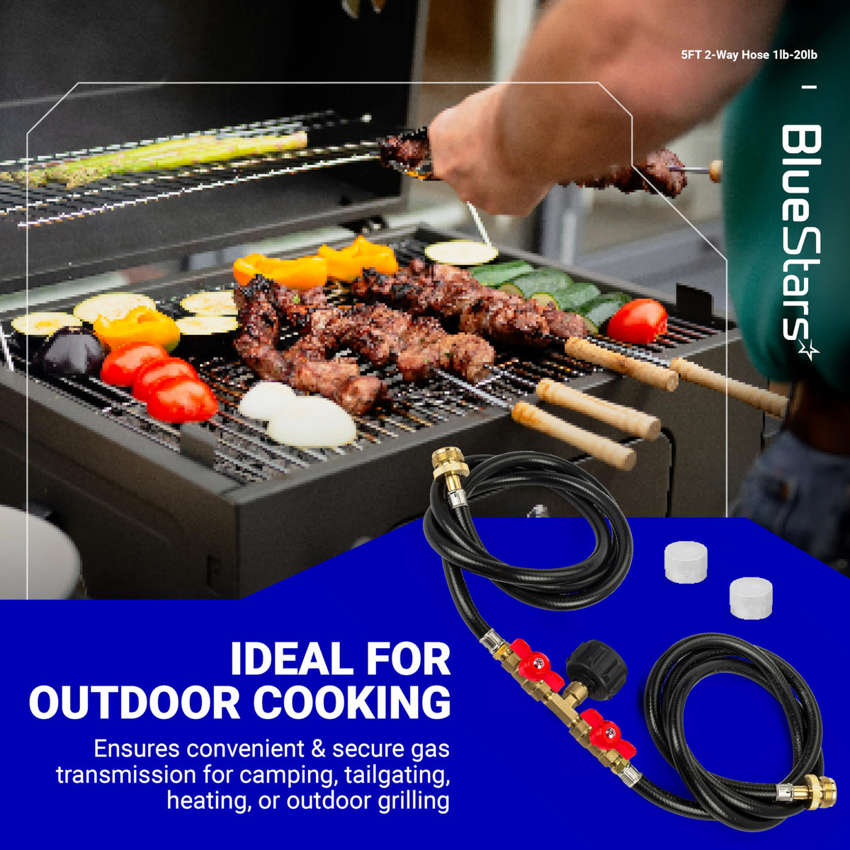5ft 2-way propane hose adapter with dual shut-off valves for connecting 1lb to 20lb tanks for outdoor grilling.