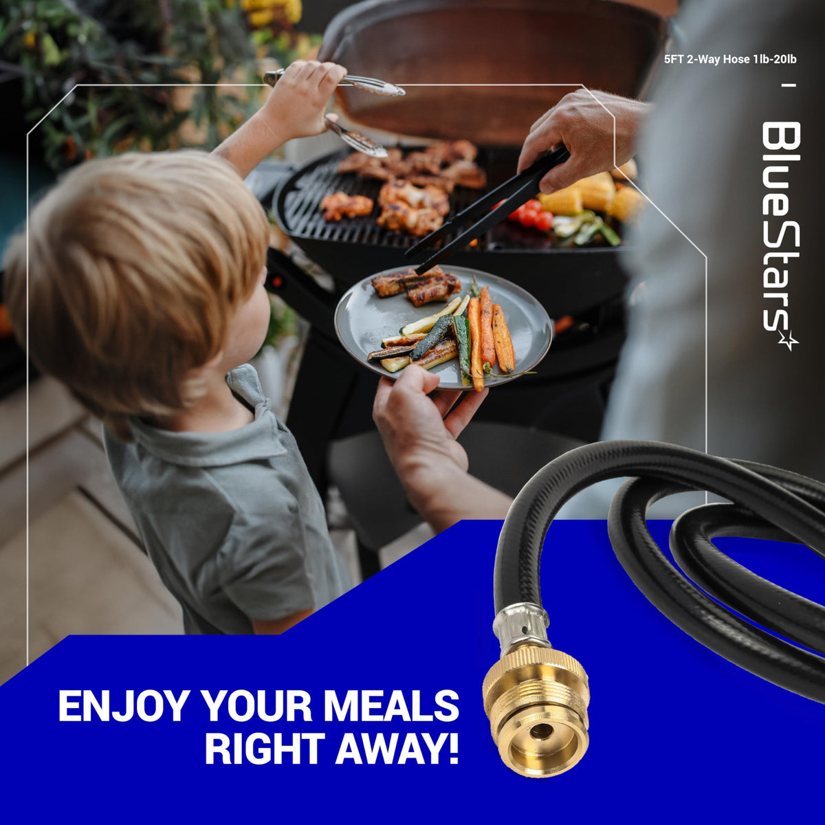 5ft propane hose adapter with brass fitting for 1lb to 20lb tanks shown in a lifestyle grilling graphic.