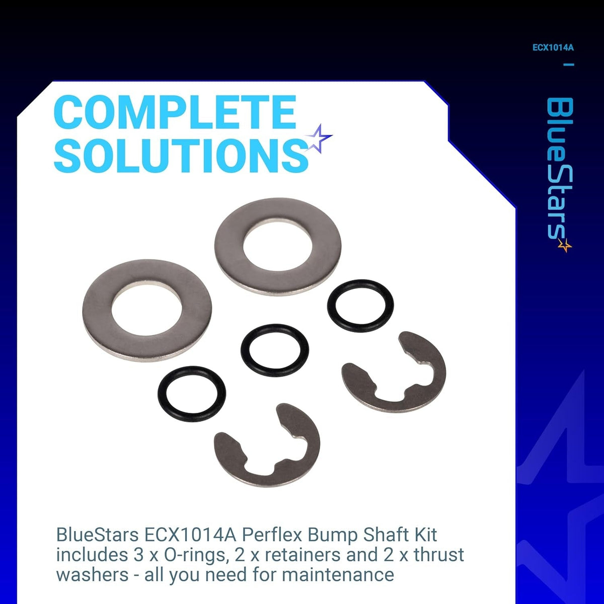 ECX1014A Perflex Bump Shaft Kit components including O-rings, retainers, and thrust washers.