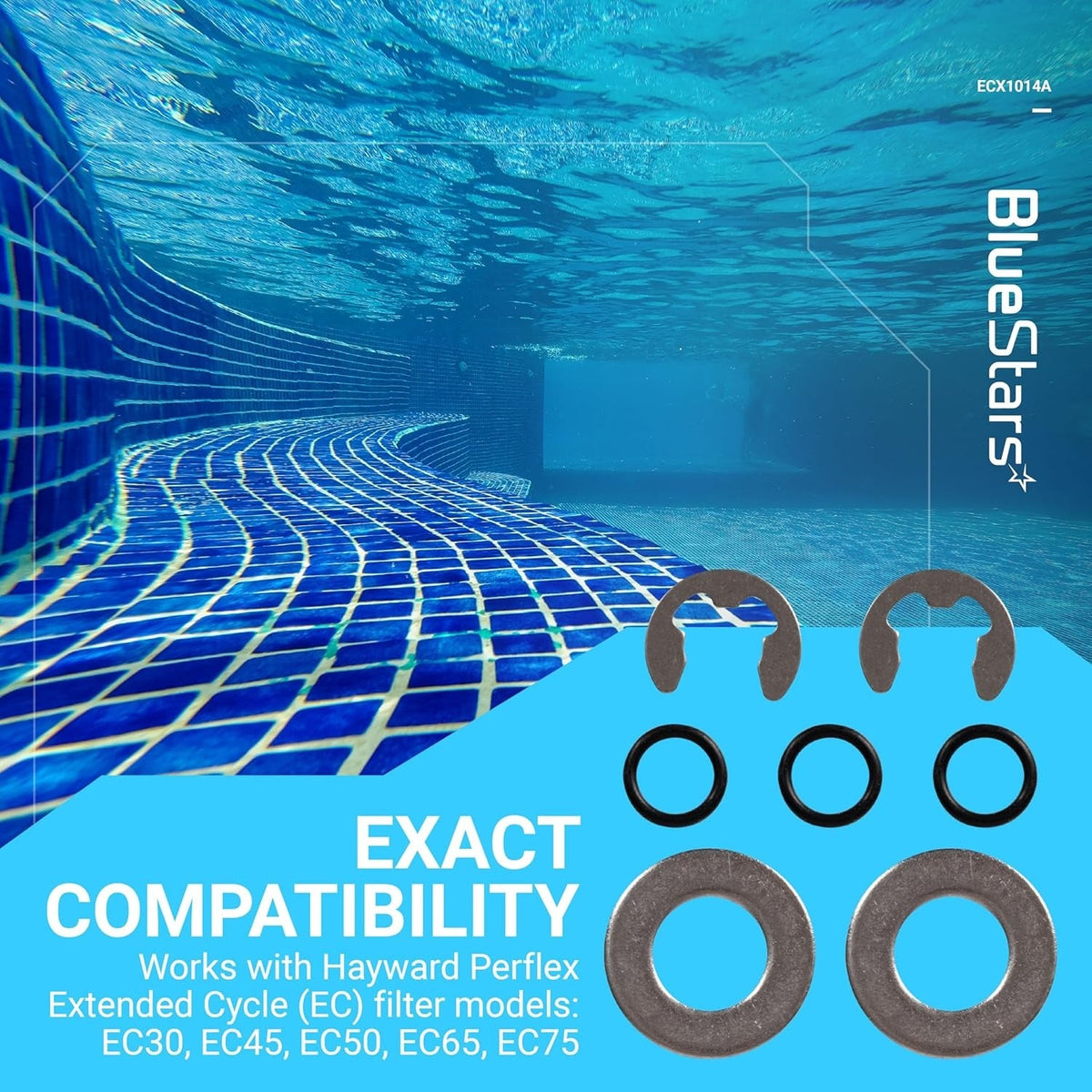 Replacement E-clips, O-rings, and washers for Hayward Perflex bump shaft kit ECX1014A.
