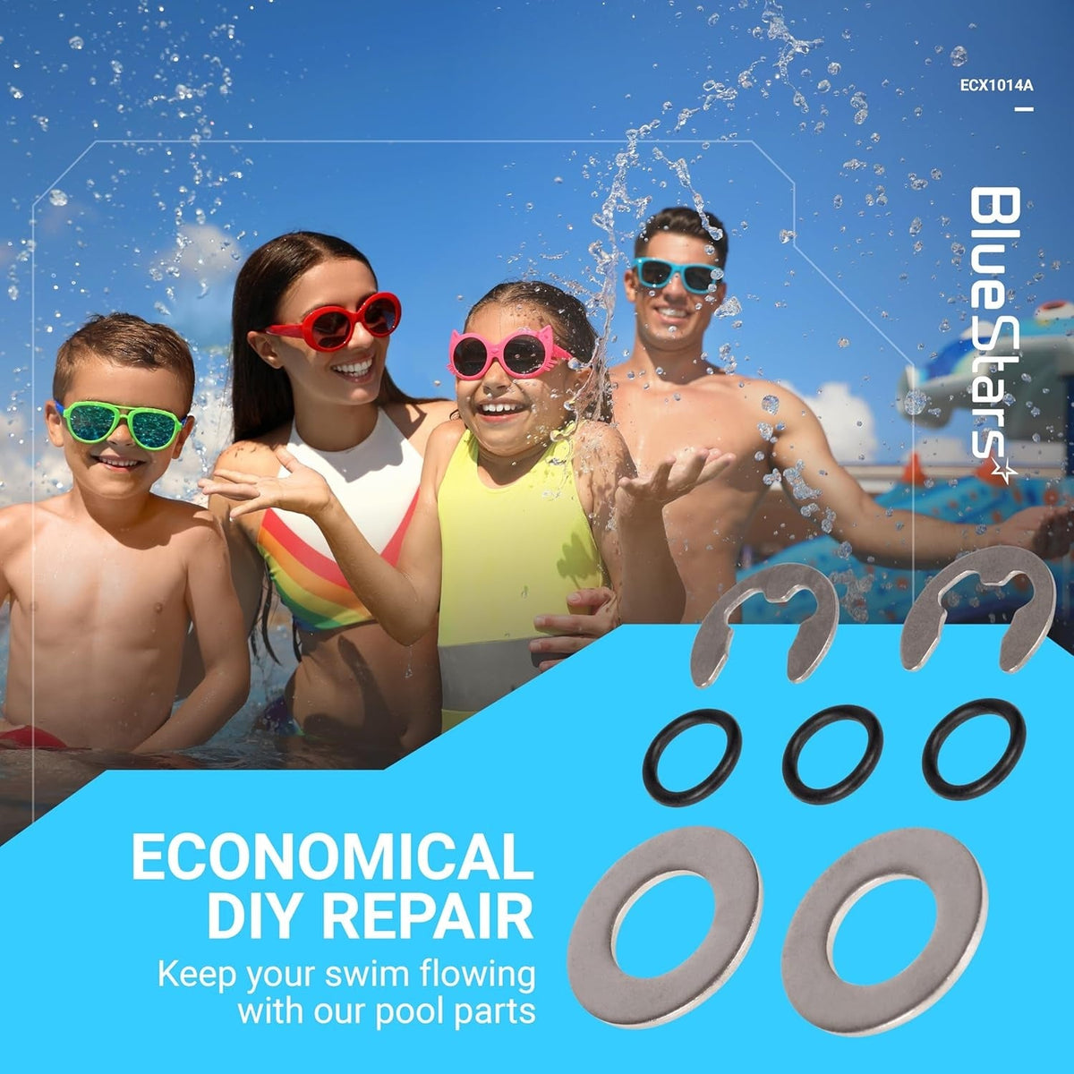 ECX1014A Perflex bump shaft kit components including metal clips, O-rings, and washers for pool filter repair.