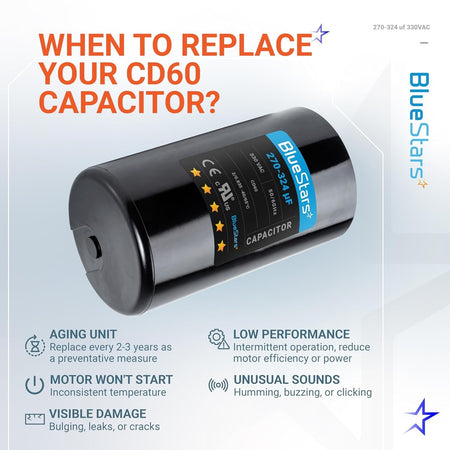 BlueStars 270-324 uF 330 VAC round start capacitor replacement guide infographic.