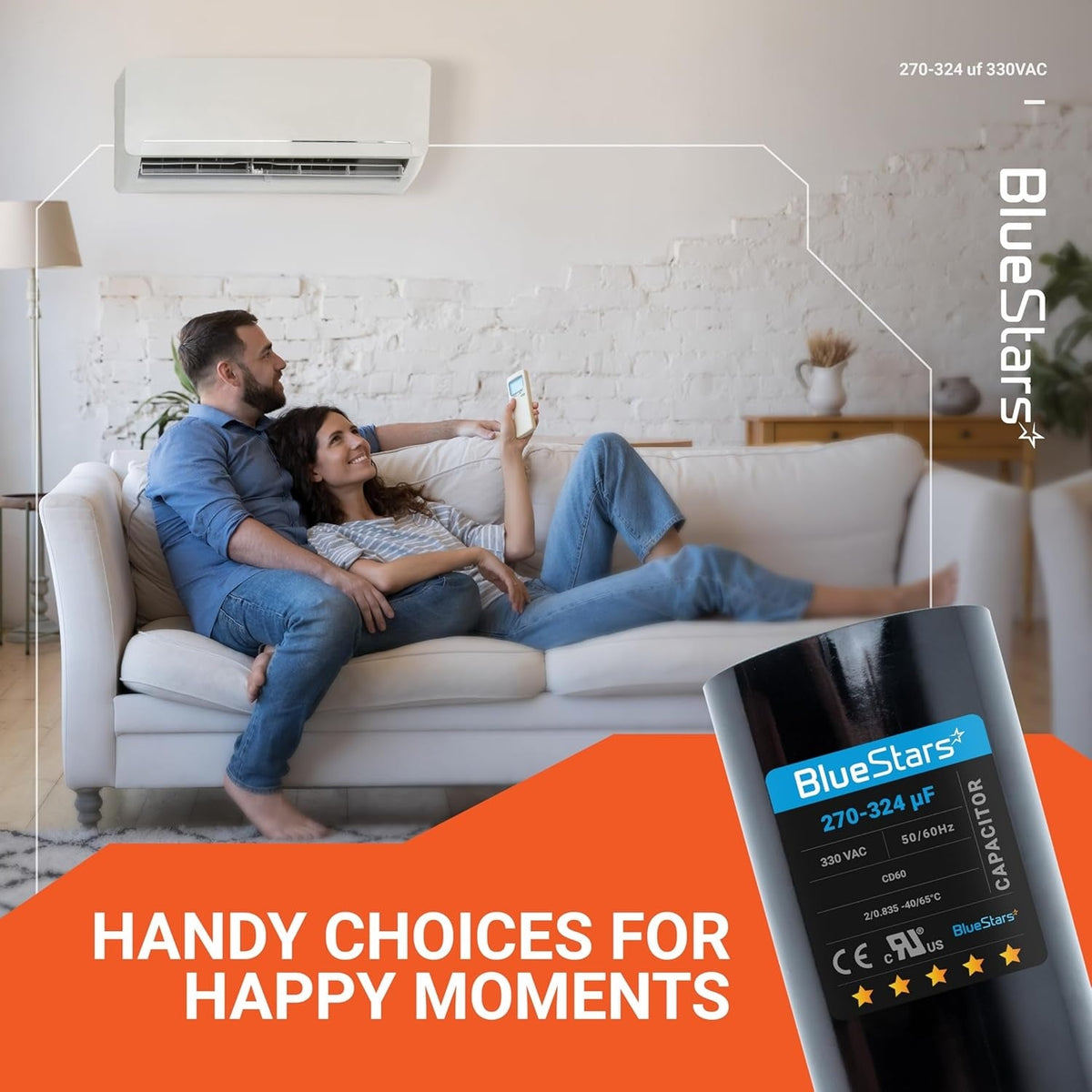 BlueStars 270-324 uF 330 VAC round start capacitor for air conditioner units shown in a lifestyle marketing graphic.