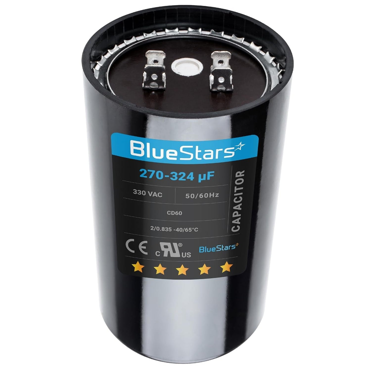 BlueStars 270-324 uF 330 VAC round start capacitor for air conditioner or heat pump condenser.