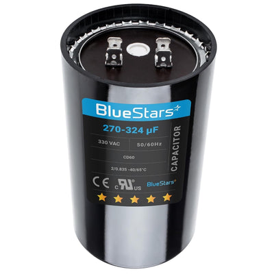 BlueStars 270-324 uF 330 VAC round start capacitor for air conditioner or heat pump condenser.