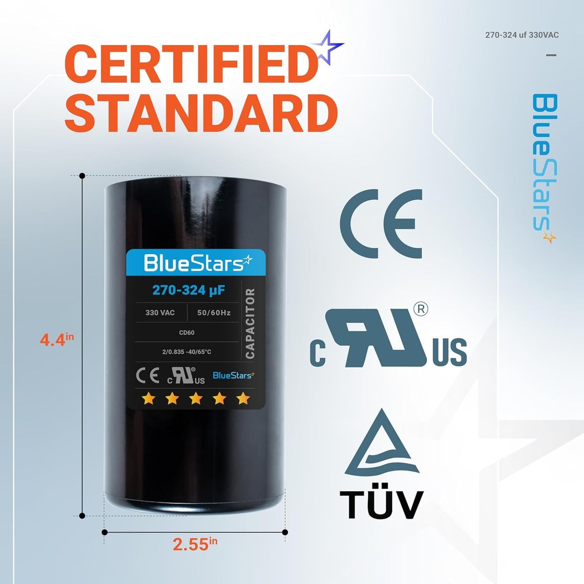 BlueStars 270-324 uF 330 VAC round start capacitor with dimensions shown for air conditioner or heat pump condenser.