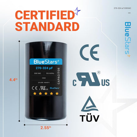 BlueStars 270-324 uF 330 VAC round start capacitor with dimensions shown for air conditioner or heat pump condenser.