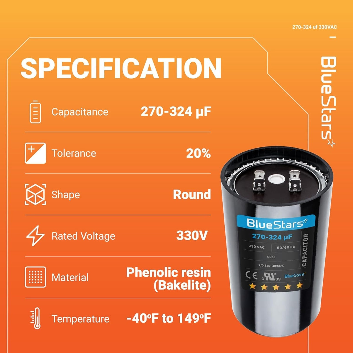 Specification chart for 270-324 uF 330 VAC round start capacitor for air conditioner or heat pump condenser.
