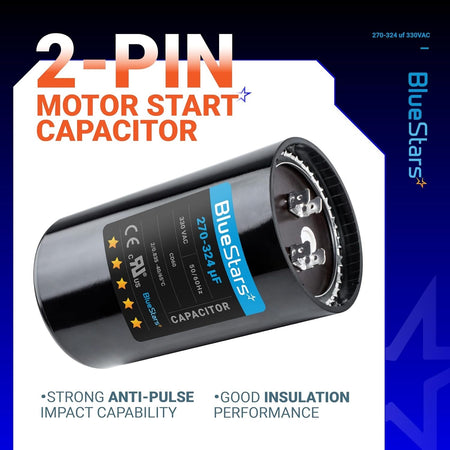 BlueStars 270-324 uF 330 VAC 2-pin round motor start capacitor for air conditioner or heat pump condenser.