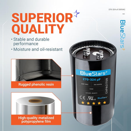 BlueStars 270-324 uF 330 VAC round start capacitor with phenolic resin casing and metalized polypropylene film details.