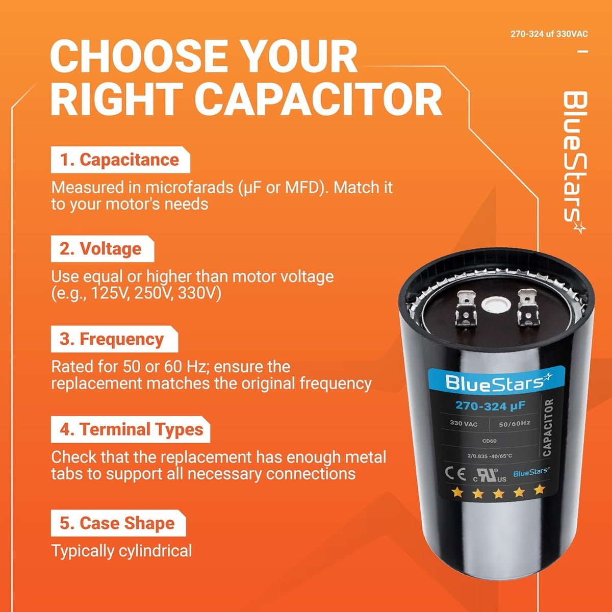 Educational infographic showing 270-324 uF 330 VAC round start capacitor specifications for AC and heat pump repair.
