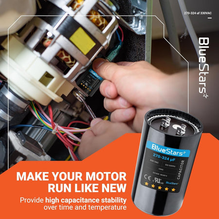 BlueStars 270-324 uF 330 VAC round start capacitor being installed in an air conditioner motor.