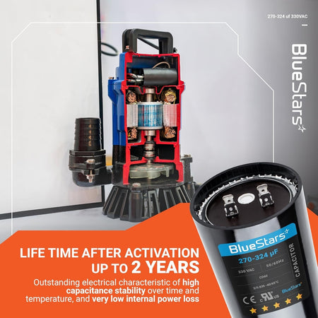 BlueStars 270-324 uF 330 VAC round start capacitor for air conditioner or heat pump condenser.