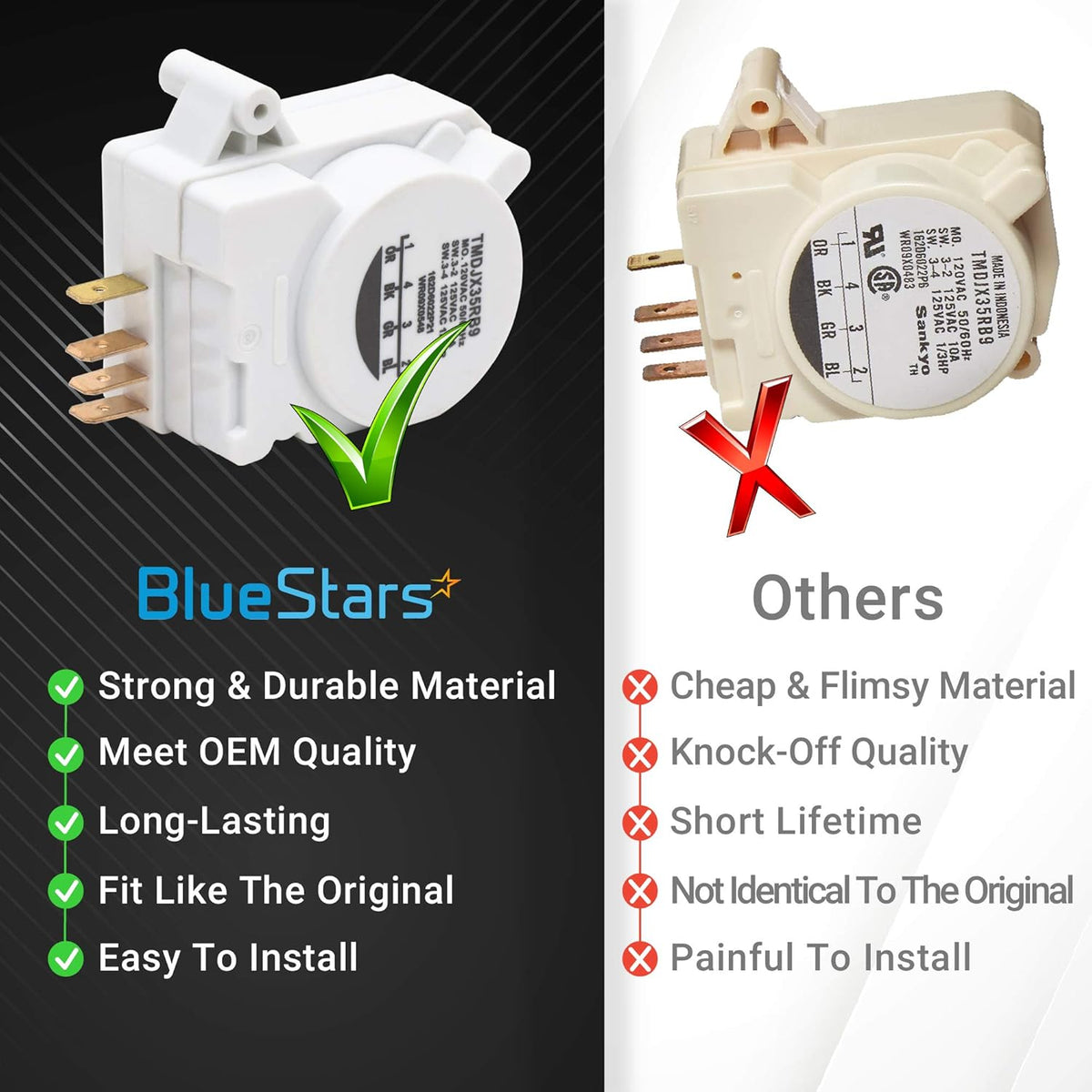 Comparison chart showing BlueStars WR9X483 refrigerator defrost timer versus a generic alternative.
