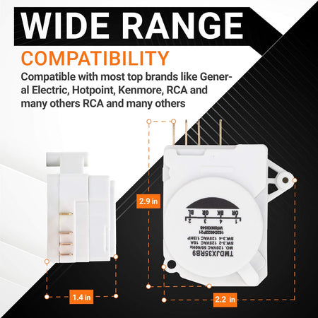WR9X483 refrigerator defrost timer showing dimensions and compatibility for GE and Kenmore appliances.