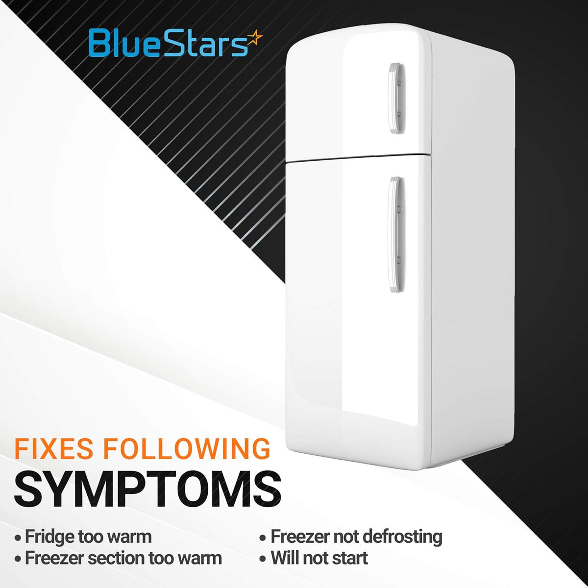 Graphic showing refrigerator symptoms fixed by WR9X483 defrost timer for GE and Kenmore refrigerators.