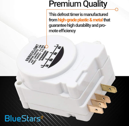 WR9X483 refrigerator defrost timer replacement with informational text overlay highlighting premium quality construction.