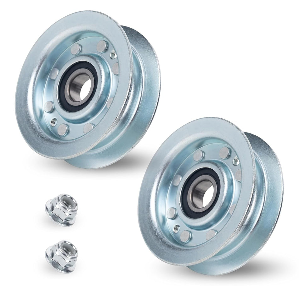 Two GY22172 flat idler pulleys and two mounting nuts for John Deere lawn tractor mower decks.