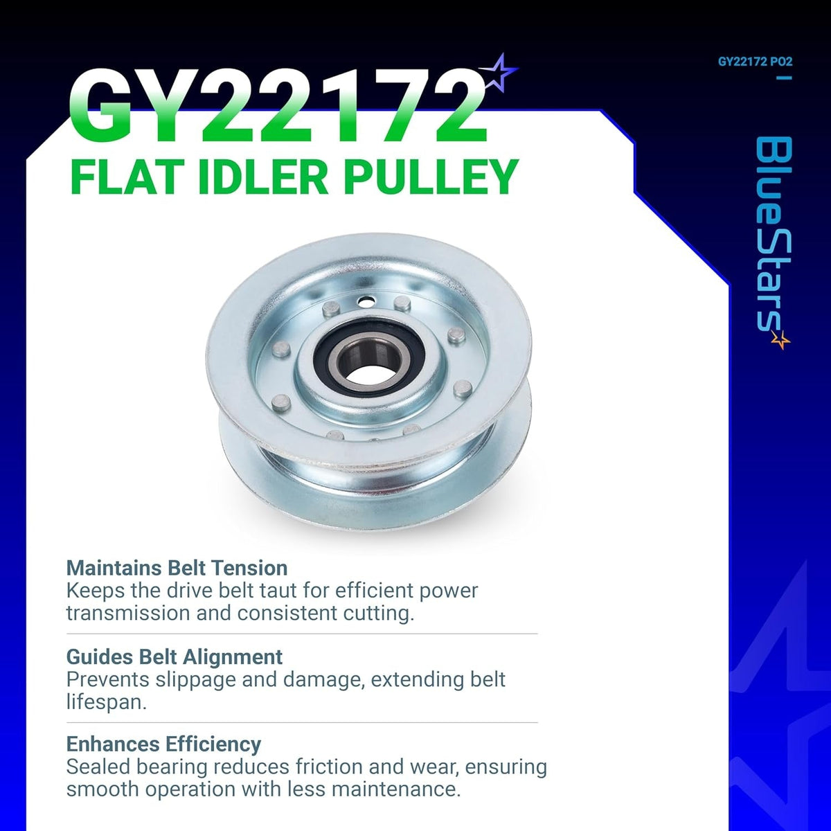 GY22172 flat idler pulley for John Deere lawn tractor mower decks with descriptive text overlay.