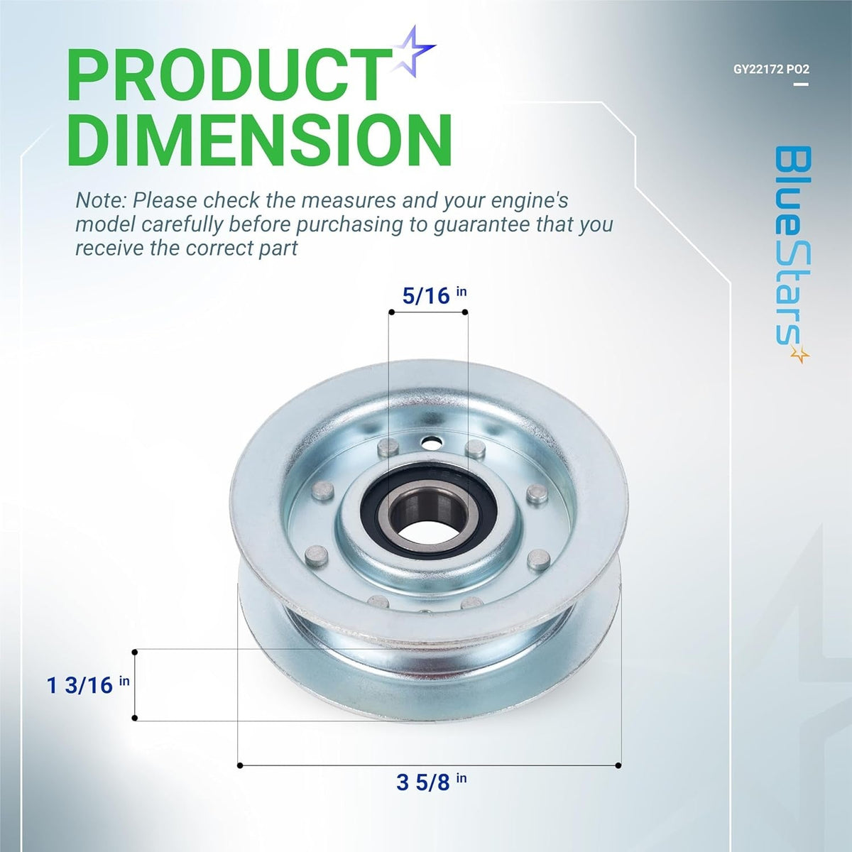 GY22172 flat idler pulley dimension diagram showing width, height, and bore measurements for John Deere lawn tractors.