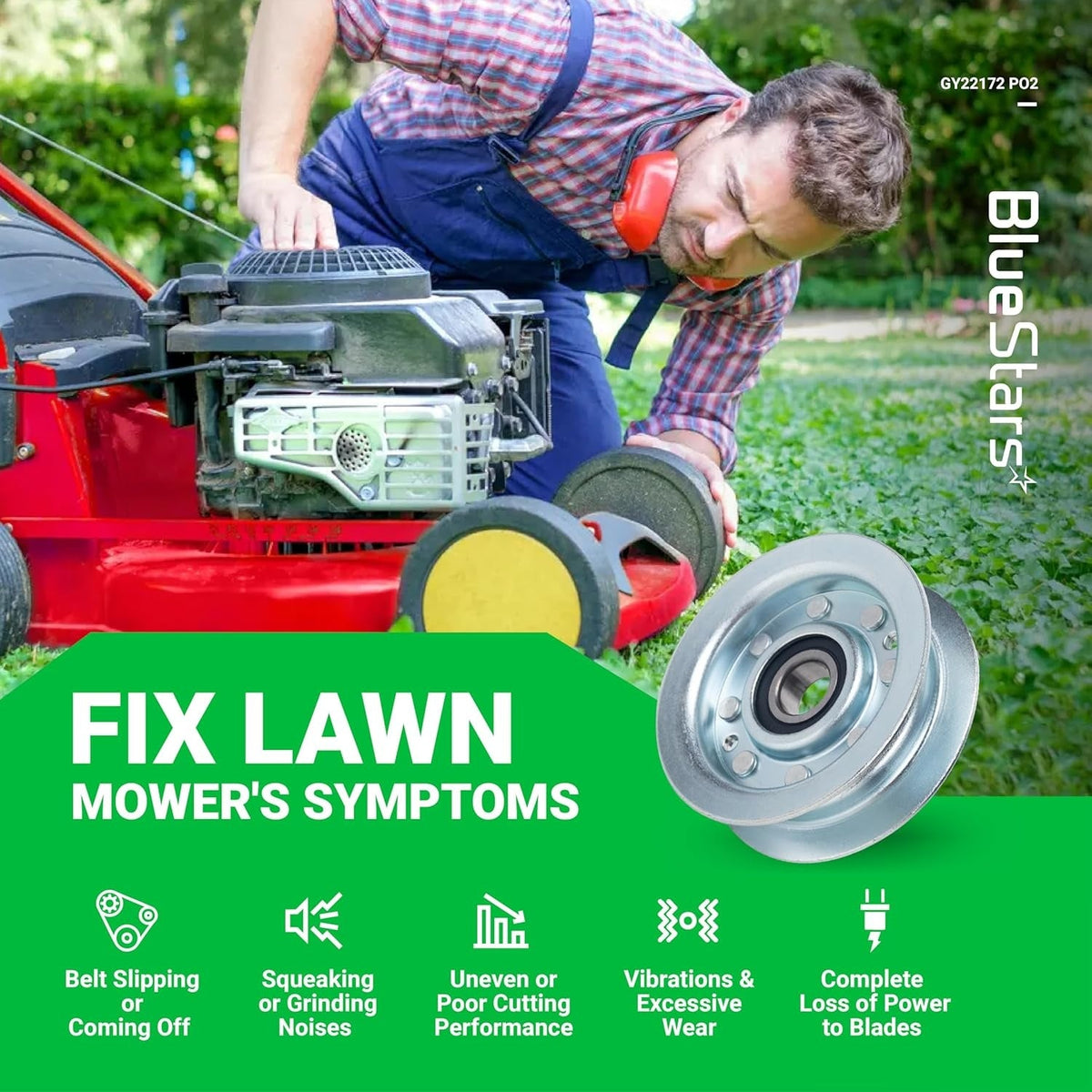 GY22172 flat idler pulley for John Deere lawn mowers shown with repair symptoms infographic.