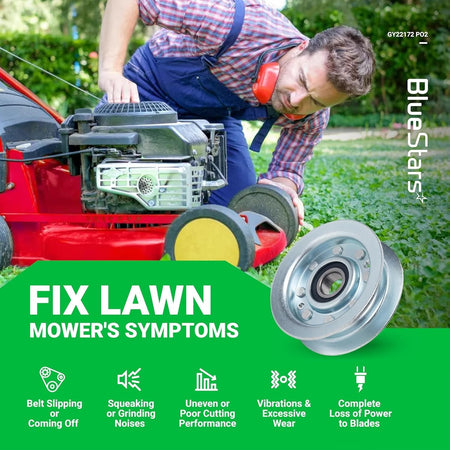 GY22172 flat idler pulley for John Deere lawn mowers shown with repair symptoms infographic.