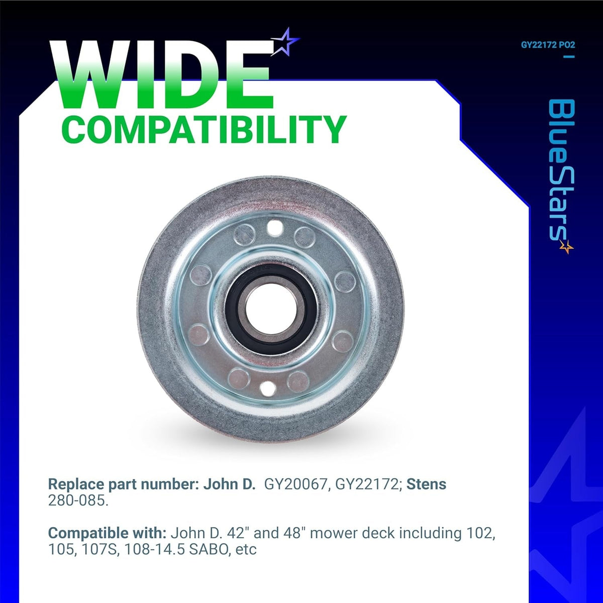 Single GY22172 flat idler pulley replacement for John Deere lawn tractor mower decks.