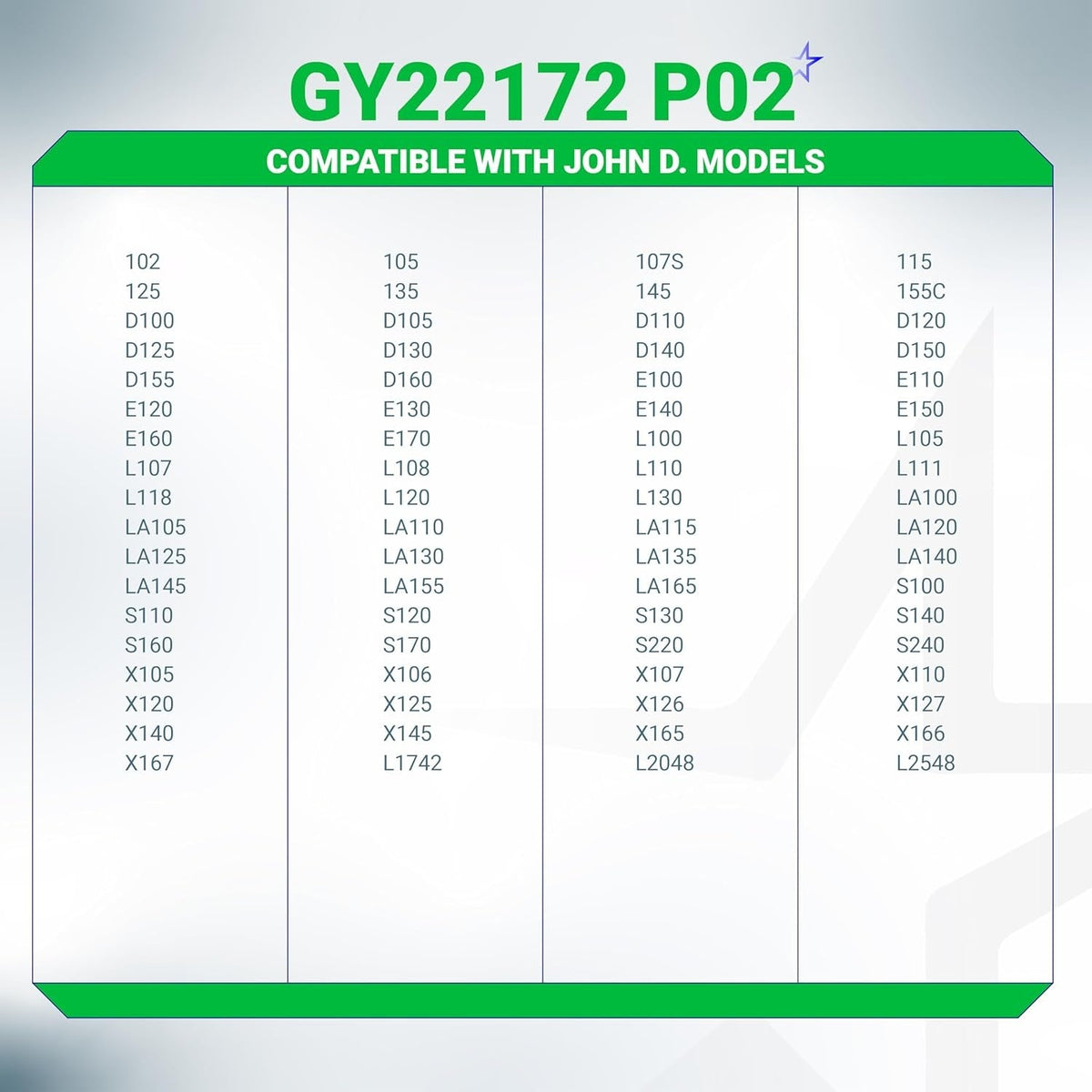 Compatibility chart for GY22172 flat idler pulley listing compatible John Deere lawn tractor models.
