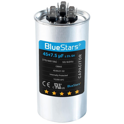 BlueStars 45+7.5 uF 370/440 VAC round dual run capacitor for AC unit fan motor and heat pump.