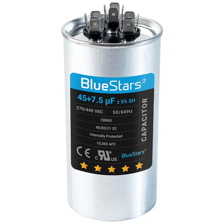 BlueStars 45+7.5 uF 370/440 VAC round dual run capacitor for AC unit fan motor and heat pump.