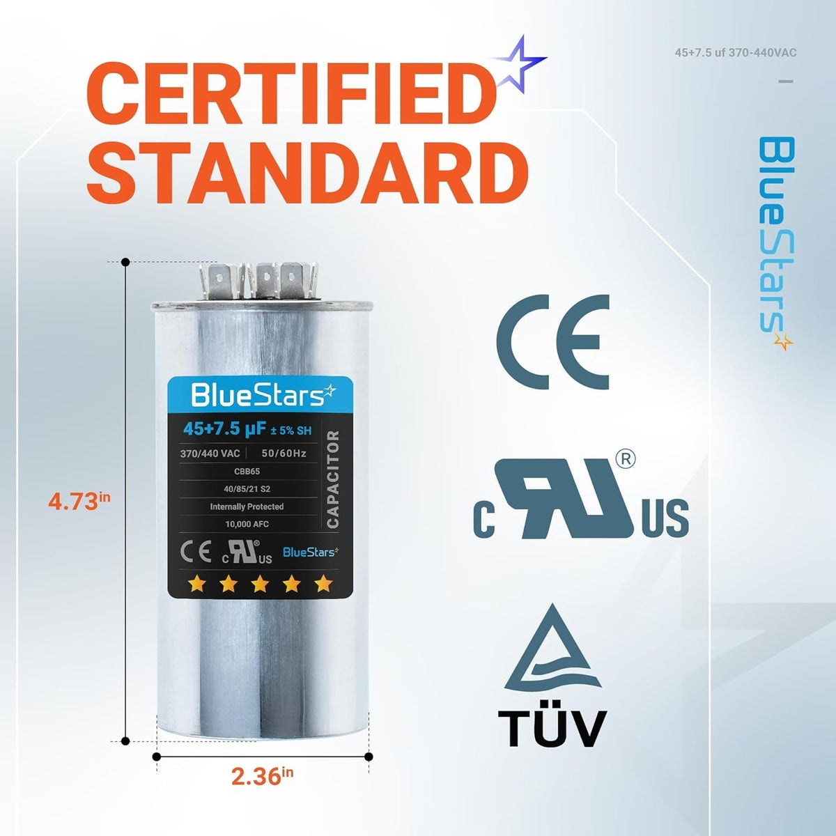 BlueStars 45+7.5 uF 370/440 VAC round dual run capacitor with dimensions labeled for AC unit and heat pump repair.