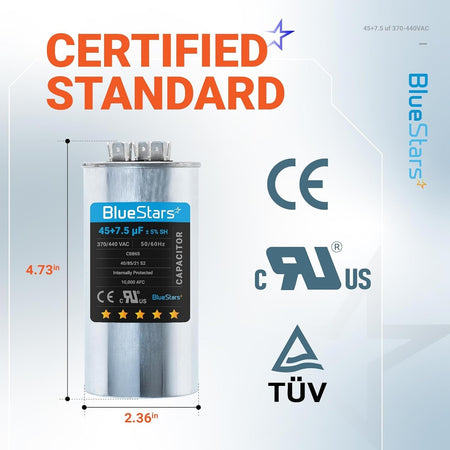 BlueStars 45+7.5 uF 370/440 VAC round dual run capacitor with dimensions labeled for AC unit and heat pump repair.