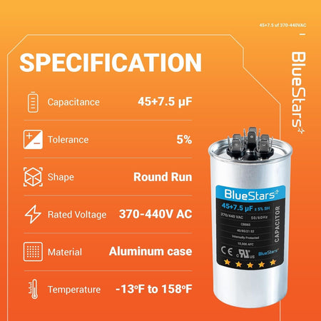 Specification chart for 45+7.5 uF 370/440 VAC round dual run capacitor for AC unit and heat pump motors.