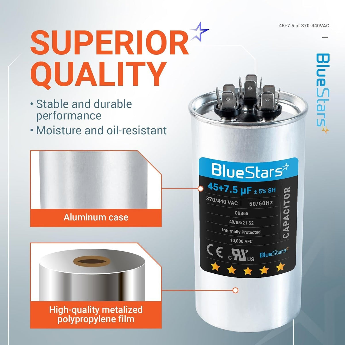 BlueStars 45+7.5 uF 370/440 VAC round dual run capacitor with aluminum case and metalized film construction details.