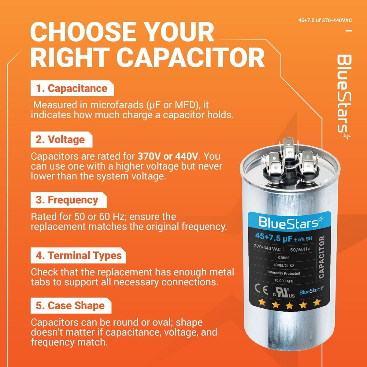 Educational infographic for 45+7.5 uF 370/440 VAC round dual run capacitor showing selection guide and product specs.