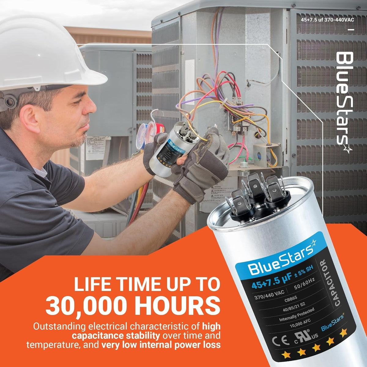 Technician installing a 45+7.5 uF 370/440 VAC round dual run capacitor into an AC unit.