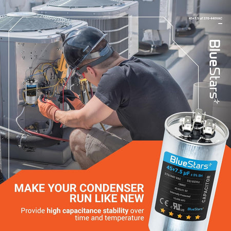Technician installing a 45+7.5 uF 370/440 VAC round dual run capacitor in an AC condenser unit.