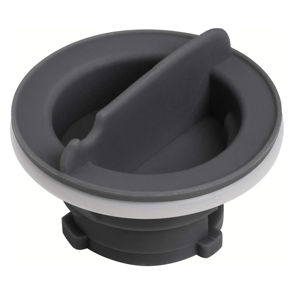 Grey dishwasher rinse aid cap replacement for Whirlpool, Jenn-Air, and KitchenAid dishwashers.